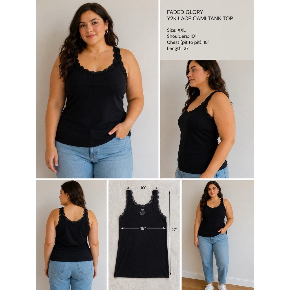 Faded Glory Y2K Soft Goth Lace Cami Tank Top Black XXL Grunge Rocker Coquette